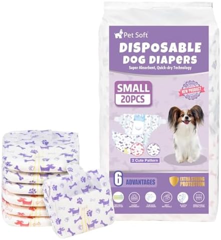 Pet Soft Female Dog Diapers - Disposable Doggie Diapers with Wetness Indicator, Puppy & Cat Diapers Super Absorbent, Fit for Female Dog in Heat or Incontinence, 20pcs (S, Mixed)