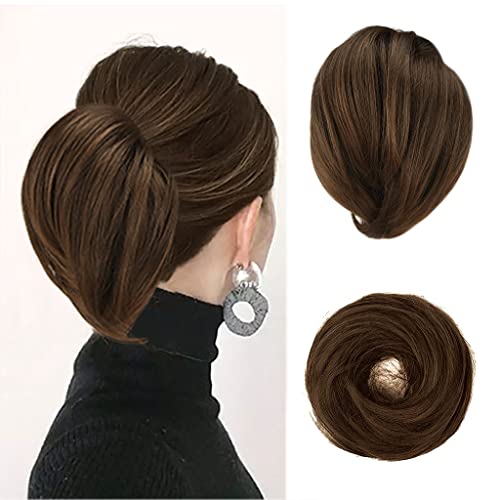 BARSDAR Straight Hair Bun Extensions - Synthetic Fully Short Straight Ponytail Hair Bun Extensions for Women - Elastic Messy Hair Bun Hairpieces Scrunchies Daily - Mixed Chestnut Brown