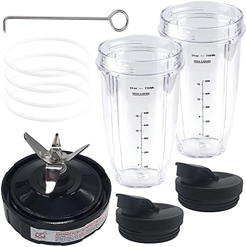 7in1 Set Replacement Pro extractor blade assembly with 2pcs 24oz cup &2pcs spout lid&2pcs Seal ring Gasket,Compatible with 900W/1000W Nutri ninja Pro bL451 30/BL455 30/BN400/BN750/BN800