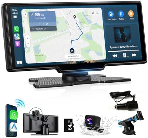 Wireless Carplay Screen for Car, 10.26" Android Auto Screen Compatible with A-pple CarPlay, 4K Front & 1080P Rear Cameras Loop Recording, FM, AUX, BT, MirrorLink, Voice Control, Navigation for iOS 10+