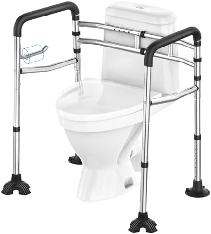 Toilet Safety Rail, 380LB Stainless Steel Toilet Frame with Padded Handles&Paper Holder, Adjustable Detachable Handicap Toilet Rails, Foldable Toilet Support Frame for Elderly