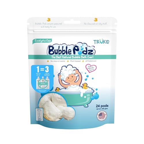 TruKid Bubble Podz Bubble Bath for Baby & Kids, Gentle Refreshing Bath Bomb for Sensitive Skin, pH Balance 7 for Eye Sensitivity, Natural Moisturizers and Ingredients, Eucalyptus (24 Podz)