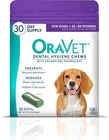 ORAVET Dental Chews for Dogs, Oral Care and Hygiene Chews (Medium Dogs, 25-50 lbs.) Purple Pouch, 30 Count