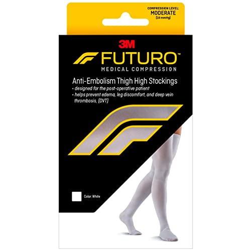 FUTURO Anti-Embolism Thigh Length Stockings, Medium Regular, White. Moderate (18 mm/Hg)