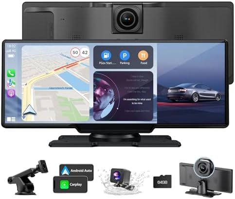 10.26" HD Wireless Android & Carplay Screen for Car, Portable Touchscreen Car Stereo with 4K Dash Cam, 1080P Backup Camera, Bluetooth, AUX/FM, Siri, Mirror Link, GPS Navigation