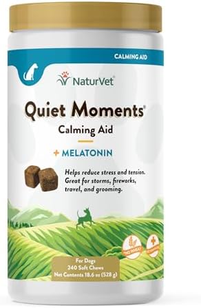 NaturVet Quiet Moments Calming Aid Melatonin Dog Supplement – Helps Reduce Stress in Dogs – for Pet Storm Anxiety, Fireworks, Motion Sickness, Grooming, Separation, Travel – 240 Ct. Chews