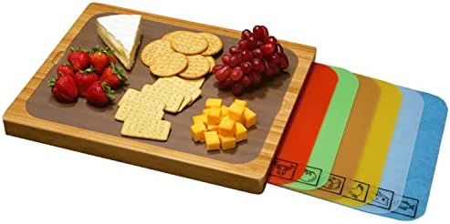 Seville Classics Bamboo Premium Wood Cutting Board Serving Tray w/ 7 Color-Coded BPA-Free Mats, for Chopping Bread, Cheese, Fruits, Vegetables, Meats, Charcuterie (PATENTED), Bamboo (NEW MODEL)