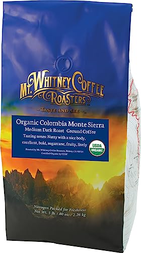 Mt. Whitney Colombia Monte Sierra Organic,Single origin, Medium Dark Roast, Smooth Full Flavored, low Acid Coffee (Ground, 5 Lb)