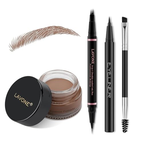 Eyebrow Pencil Makeup Kit, with Waterproof 2-IN-1 Microblading Eyebrow Pen, Eyebrow Pomade, Eyeliner and Dual-ended Eyebrow Brush, Brow Pencil Kit for Natural Eyebrows - Ash Brown
