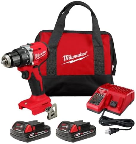 Milwaukee M18 18V Lithium-Ion Brushless Cordless 1/2 in. Compact Drill/Driver Kit with Two 2.0 Ah Batteries, Charger and Case