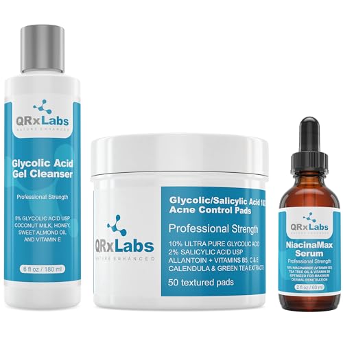 QRxLabs Acne Care - Acne Control Pads with 10% Glycolic + 2% Salicylic Acid, Niacinamide Serum for Enhanced Penetration, Glycolic Acid Face Wash for Clear, Smooth Skin - 3 Powerful Formulas