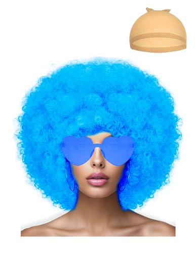 Short Bob Hair Wigs Straight with Flat Bangs Synthetic Colorful Cosplay Daily Party Neon Wig for Women + Free Wig Cap 12" Natural As Real (Afro, Blue)