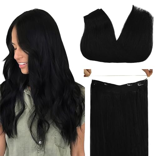 GOO GOO Wire Hair Extensions Human Hair, 1 Jet black Natural 20inch 110g, Invisible Wire Hair Extensions with Transparent, Seamless Fish Line Hairpiece