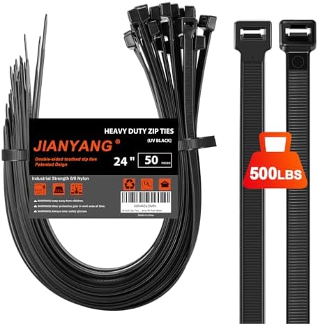 Long Zip Ties Heavy Duty 24 inch，500 LBS Tensile Strength With Double Sided Toothed Super Durable Cable Ties ，Extra Large Wire Ties Adjustable Nylon Tie Wraps for Indoor Outdoor （50 Pack Black）