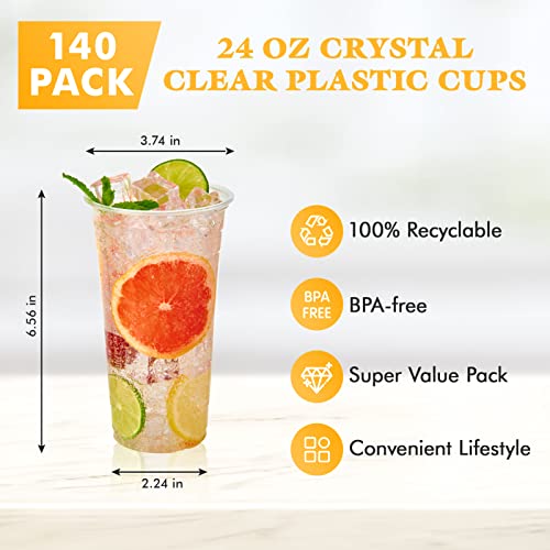 Vplus 140 Pack 24 OZ Clear Plastic Cups With Lids, Crystal PET Clear Cups, 24 OZ Cold Disposable Drinking Plastic Cups With Flat Lids, Perfect for Ice Coffee, Smoothie, Juice