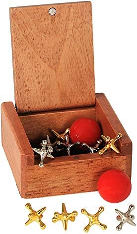 WE Games Metal Jacks Set – Classic Jacks Game with 2 Red Balls in Keepsake Wooden Box – Nostalgic Floor Game for The Whole Family