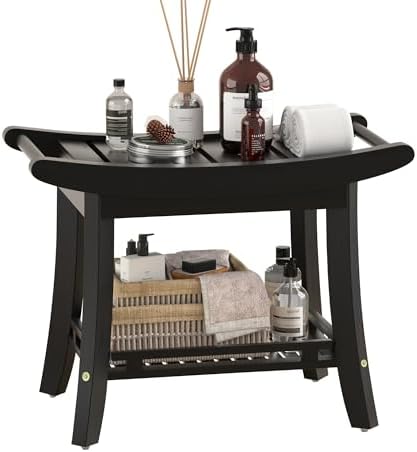 Bamboo Shower Bench Chair Bathroom Shower Stool Seat for Inside Shower Bathtub with Storage Shelf Shower Foot Rest for Shaving Legs 25.2 x 13 x 19.2 Inches Black