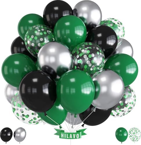 Green Black Balloons Dark Green Black Silver Confetti Balloons 35 Pcs 12 Inch Football Video Gamer Helium Latex Balloon for Boys Men Soccer Army Graduation Baby Shower Birthday Party Decorations