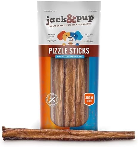 Jack&Pup 12-inch Premium Grade Odor Free Bully Sticks Dog Treats [Thick-Size] 12” Long All Natural Gourmet Dog Treat Chews – Fresh and Savory Beef Flavor – 30% Longer Lasting (3 Ct)