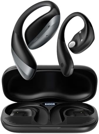 Open Ear Headphones, Bluetooth 5.4 True Wireless Earbuds Air Conduction Headphones with Mic Clear Calls, Comfort Fit Over Ear Headphones with Ear Hooks, 56H Playtime, IPX6 for Sport, Black