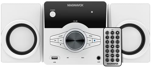 Magnavox MM442 3-Piece Top Loading CD Shelf System with Digital PLL FM Stereo Radio, Bluetooth Wireless Technology, and Remote Control in Black | Blue Lights | LED Display (White)