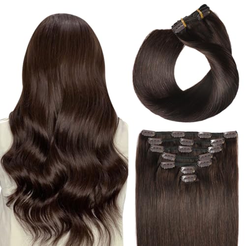 SUYYA Clip in Hair Extensions Real Human Hair,Human Hair Extensions Clip ins Straight Human Hair Clip ins Double Weft Hair Extensions Clip ins 7pcs 120g(18 inches #2 Darkest Brown)