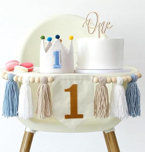Baby Boy First Birthday Party Decorations Blue High Chair Banner 1st Birthday Crown Cake Topper 1st Birthday Decor