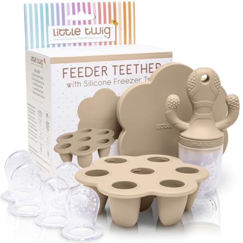 Little Twig Baby Fruit Feeder Pacifier Teether | Baby Food Freezer Tray w/Lid | BPA Free Silicone Freezable Teether | Feeding Set for Breast Milk Ice Cubes, Baby Food, Vegetable Fruit Purees (Ginger)