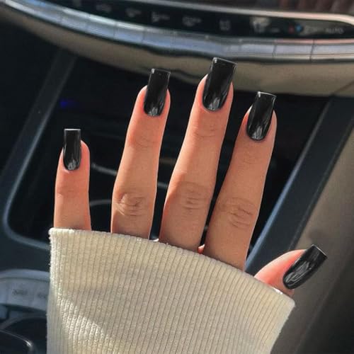 Black Press On Nails Medium Long Square, Xcreando Medium Coffin Nails Acrylic Nails Press ons Glue on Nails Medium Length, Solid Color Fake Nails for Women, Natural Thick Artificial Nails Stick on