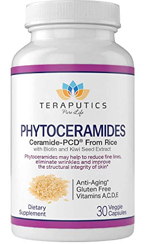 Phytoceramides Ceramide-PCD® Made From Rice - w/ Biotin and Kiwi Seed - Non GMO Gluten Free Hair Skin and Nails Vitamin, Reduce Fine Lines & Wrinkles, Strengthen Hair & Nails, 30 Veggie Capsules