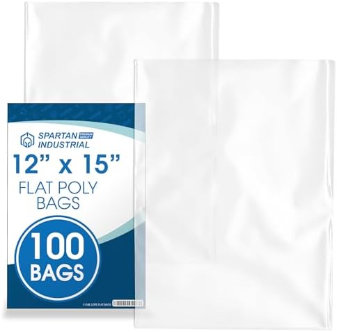 Spartan Industrial - 12” X 15” (100 Count) 1.1 Mil Flat Open End Clear Plastic Poly Bags - for Proofing Bread Dough, Packaging Clothes, Shirts (Thin & Lightweight - Bags DO NOT Have Seal)