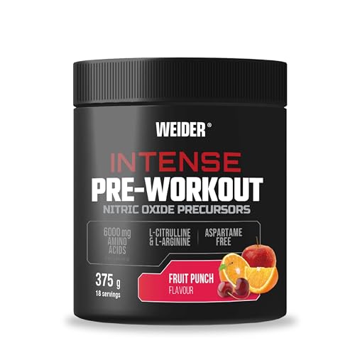 Weider Intense Pre-Workout (375g) Fruit Punch Flavour. Nitric Oxide Precursors, with 200 mg Caffeine and 6000 mg Amino Acids/Serving, L-Citrulline, L-Arginine, Aspartame-Free (18 porciones)