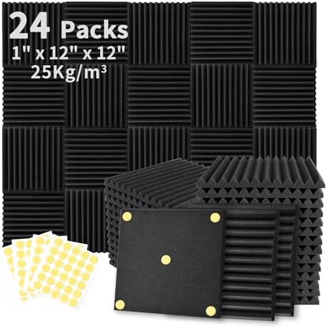 24 Pack Acoustic Foam Panels 1" x 12" x 12" Sound Proof Foam Panles Soundproofing Noise Cancelling Wedge Panels for Home Office Recoding Studio with 240PCS Double-Side Adhesive