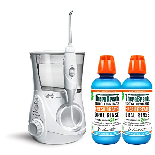 Waterpik Aquarius Water Flosser Professional With 7 Flossing Tips & TheraBreath Fresh Breath Dentist Formulated Oral Rinse, ICY Mint, 16 Ounce (Pack of 2)