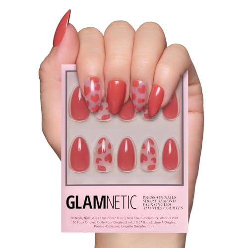 Glamnetic Press On Nails - Love Me | Red Short Almond Nails with Heart Accents, Reusable Stick On Fake Nails with Glue | Love In Bloom Spring Nails | 15 Sizes - 30 Nail Kit with Glue