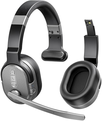 Trucker Bluetooth Headset, Wireless Headsets with Noise Cancelling Microphone, 50+Hrs HD Talktime Bluetooth Headphones with Detachable Earpad/Single+Dual Mode for Office/Driving/Home (Silver)