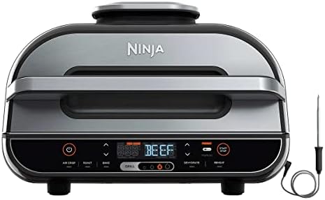 Ninja BG550CO Foodi Smart XL 6-in-1 Indoor Grill with Air Fry, Roast, Bake, Reheat & Dehydrate, Smart Thermometer, Black/Silver (Renewed)