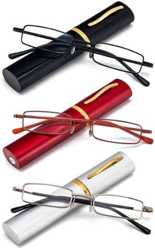 REAVEE 3 Pack Slim Pen Reading Glasses Small Tube Stylish Readers for Women Men Spring Hinged with Portable Clip Case, Black Red Silver 3.75