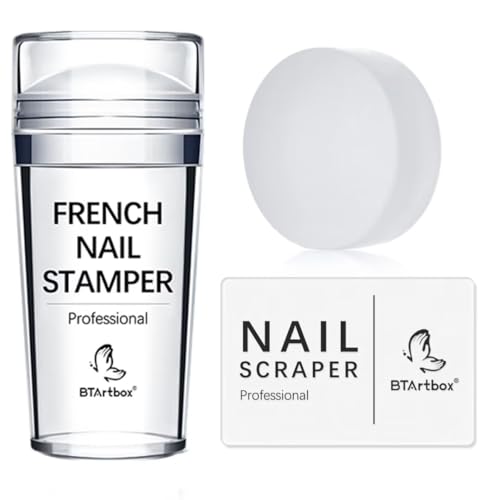 BTArtbox French Nail Stamper - French Tip Nail Tools with Nail Scraper and Replaceable Stamper Head, 100-Time Using Silicone Nail Stamper Kit for Gel Nail Polish DIY Nail Art Tools