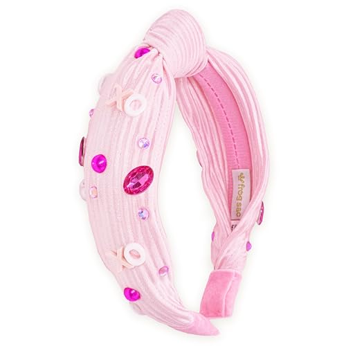 FROG SAC Top Knot Headband for Girls - Knotted Valentines Day Head Bands for Kids, Jeweled Rhinestone Vday Hair Band for Children, Pink Embellished Hair Accessories for Toddlers, Little Girl Hairband