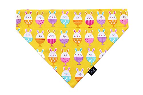 Easter over the collar dog bandana, handmade pastel color spring slip on pet bandana (Bunnies on Yellow, Large)