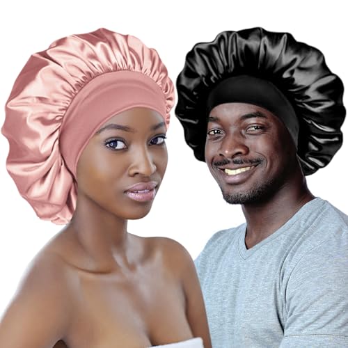 Adubor Silk Bonnet for Sleeping Women Men - Larger Double Layer Satin Bonnet for Sleeping - Non-Slip Silk Turban - Hair Bonnet for Sleeping - Sleep Cap for Curly Hair (Black+Pink)