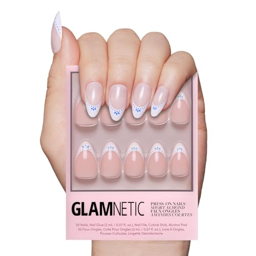 Glamnetic Press On Nails - Santorini | Semi-Transparent Blue and White French Tip Short Almond Nails, Reusable | 15 Sizes - 30 Nail Kit