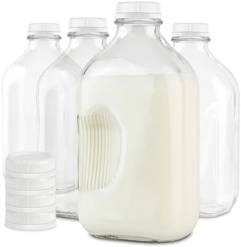 Stock Your Home Half Gallon Glass Milk Bottle with Lid (4 Pack) 64 Oz Jugs and 8 White Caps, Reusable Food Grade Milk Container for Refrigerator, Bottles for Juice, Oat or Plant Milks, Water, Honey
