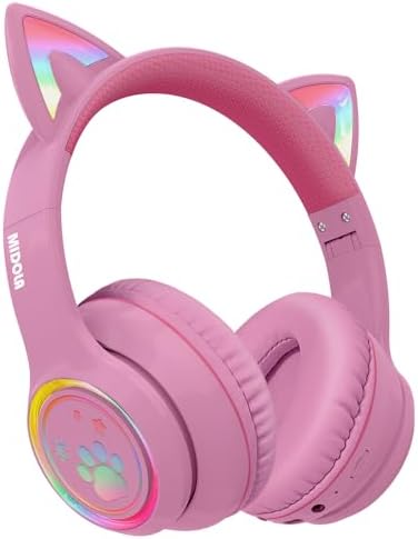 MIDOLA Headphones Cat Ear Wireless Bluetooth 5.3 60H Over Ear, 8H with Led Light Foldable Music Gaming Headset with Aux 3.5mm Mic for Game Pad Tablet Laptop Phone Pink