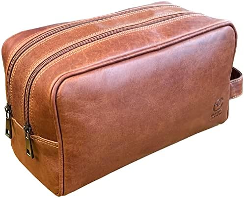 RUSTIC TOWN Leather Toiletry Bag for Men - Valentines Gifts Travel Shaving Dopp Kit - Bathroom Shower Toiletries Organizer - Leather Cosmetic Bag for Women (Cognac)