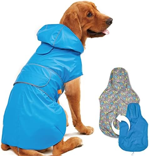 Dog Raincoat Reversible, Single Side Slicker Poncho Adjustable Waterproof Dog Rain Jacket with Leash Hole/Reflective Stripe Hooded Snowproof Windproof Clothes for Small to 3X-Large Dogs, 2XL