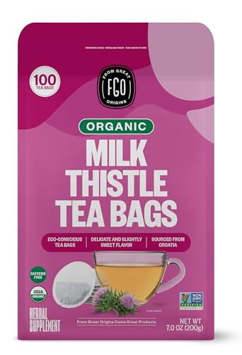 FGO Organic Milk Thistle Tea, 100 Count, Eco-Conscious Herbal Tea Bags, Resealable Bag, Caffeine Free, Packaging May Vary (Pack of 1)