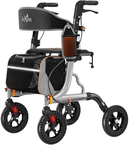Rollator Walkers for Seniors with Seat, Foldable Walkers for Senior, 8" All-Terrain Wheels, 18" Big Seat, 6-Level Adjustable Height Rolling Walker, 350 lb, Walker for Seniors & Adults (Sliver)