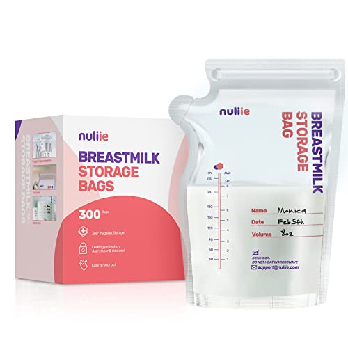 Nuliie 300 Pcs Breastmilk Storage Bags, 8 OZ Breast Milk Storing Bags, BPA-Free, Milk Storage Bags with Pour Spout for Breastfeeding, Self-Standing Bag, Space Saving Flat Profile